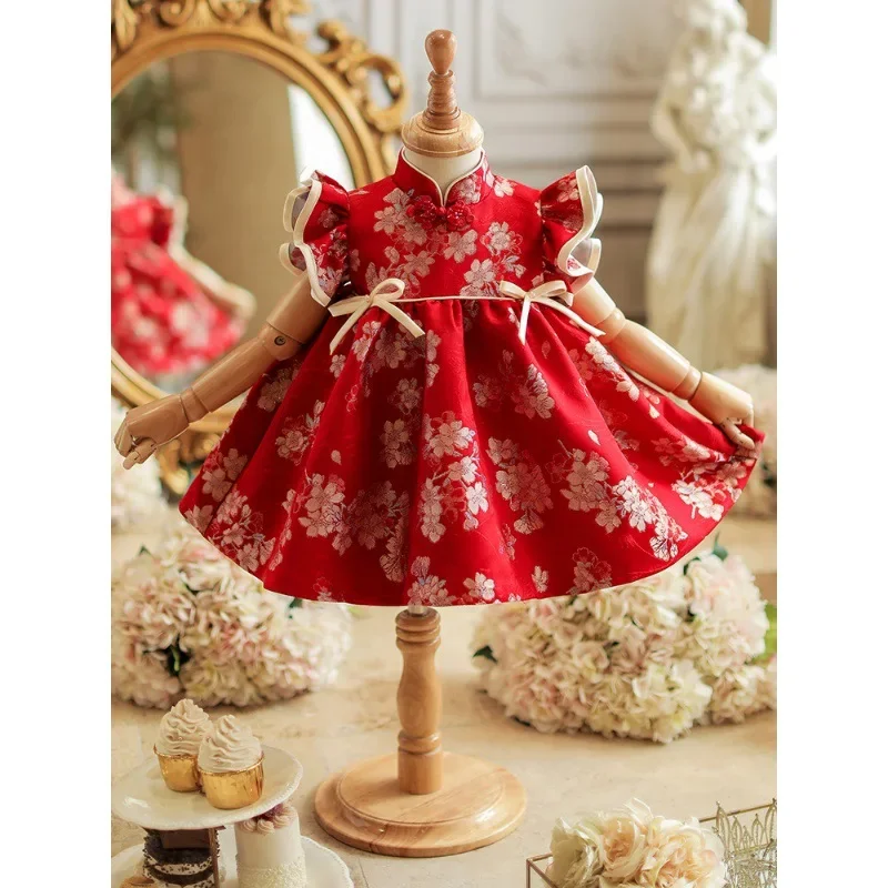 Girls' New Chinese Style Birthday Red Zhuazhou Ceremony Eid High-end Embroidered Floral Dress