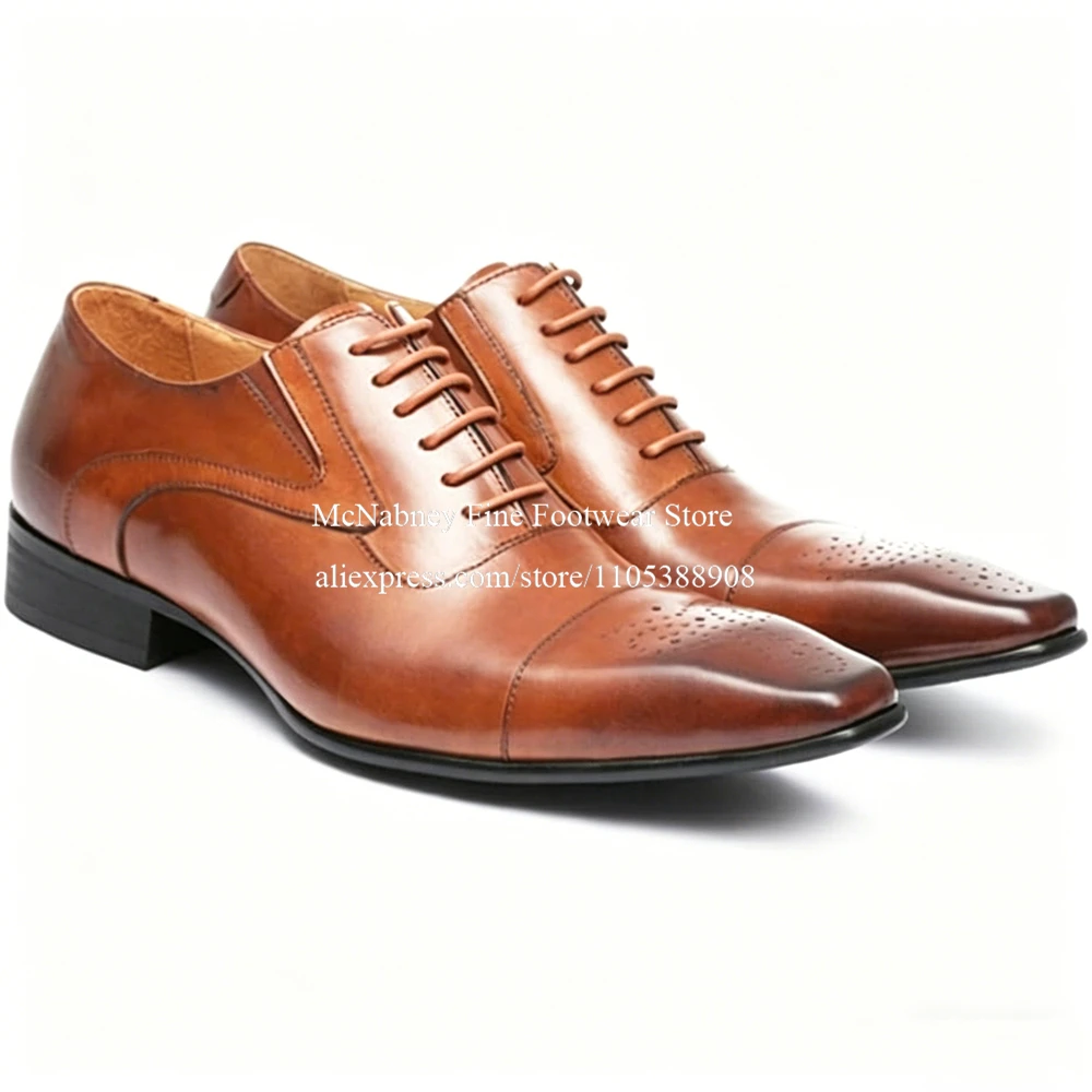 Luxury Leather Cap Toe Brogue Oxfords Men Formal Shoes Texture Alpha Male Lace up Business Wedding Office Dress Shoes Plus Size