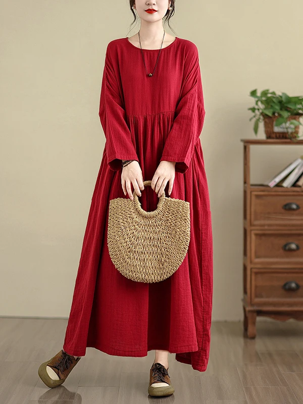 Authentic Thickened Long Sleeve Cotton Dress Skin-friendly Retro All-match Large Size Maxi Dress Commute Style Loose Waist