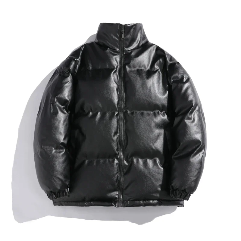 

Men's PU Leather Jacket Winter Solid Color Fashion Versatile Windproof Warm Outdoor Camping Stand Collar Coat Men's Down Jacket