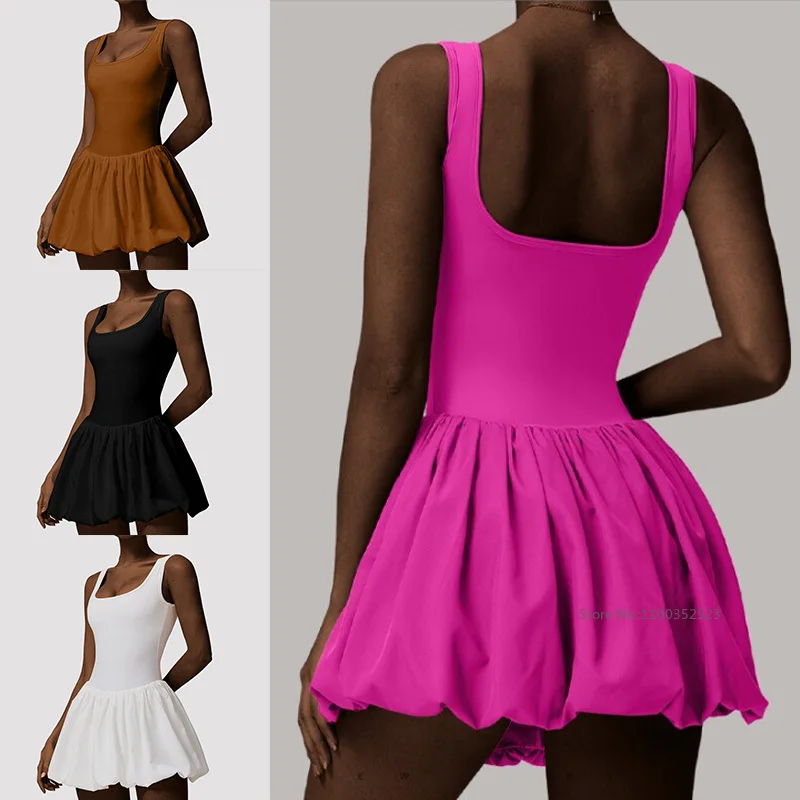 Robe de badminton et de tennis d'été pour femmes, robe de fitness dos nu plissée avec soutien-gorge et short, jupe tutu de sport sans manches pour femmes