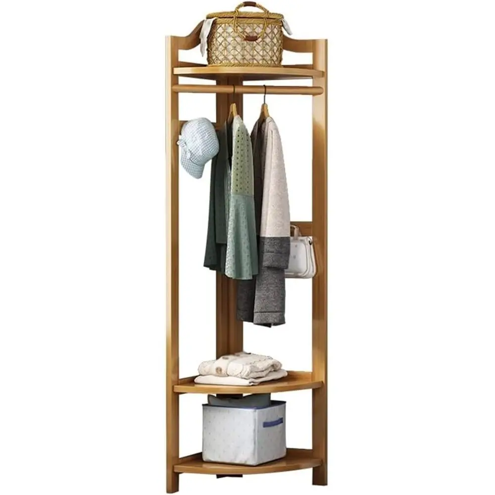 Wooden Hall Tree with 2 Shelves and Hooks, Bamboo Coat Rack Stand for Clothes