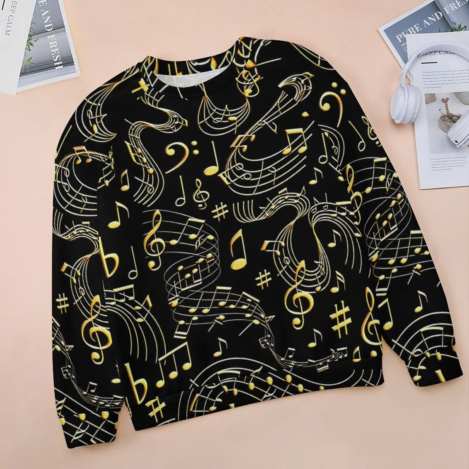 Gold Music Note Print Casual Hoodies Autumn  Y2k Hoodie Long Sleeve Oversize Classic Custom Sweatshirts