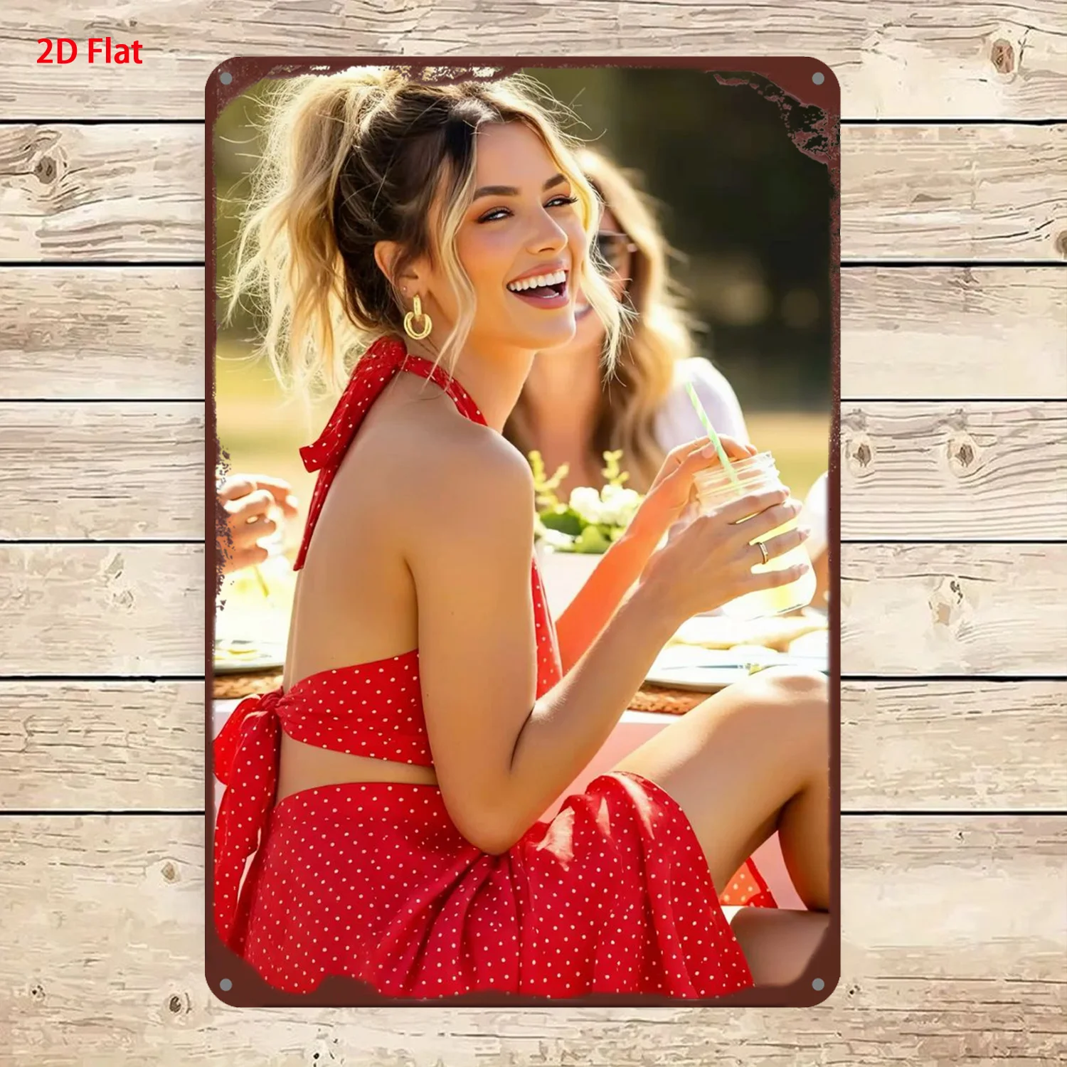 2026 2D Metal Sign, Retro Blonde in Red Polka Dot Halter Dress Metal Tin Wall Sign, Outdoor Decor
