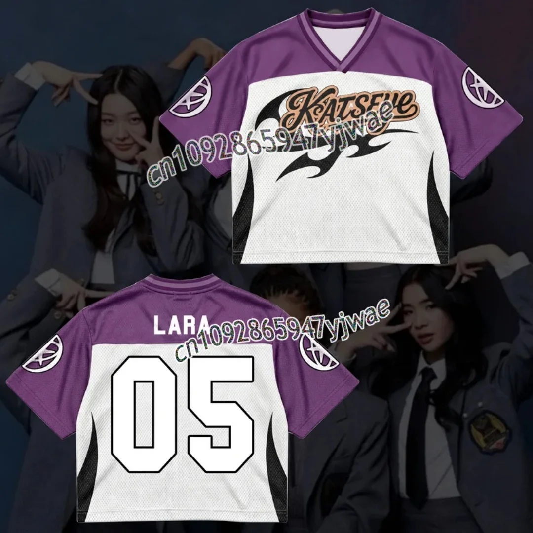 Modisches KATSEYE Purple Flame Streetwear Mesh-Trikot für Fans, Herbst, Herren- und Damen-Kurzarm-T-Shirt, Kpop Lara Sophia Fans Geschenk – Detail 10