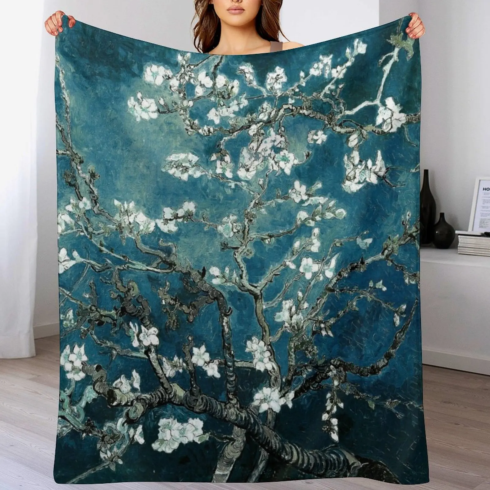 Van Gogh Almond Blossoms Dark Teal Throw Blanket Soft Warm Blanket Gift for Grandparents
