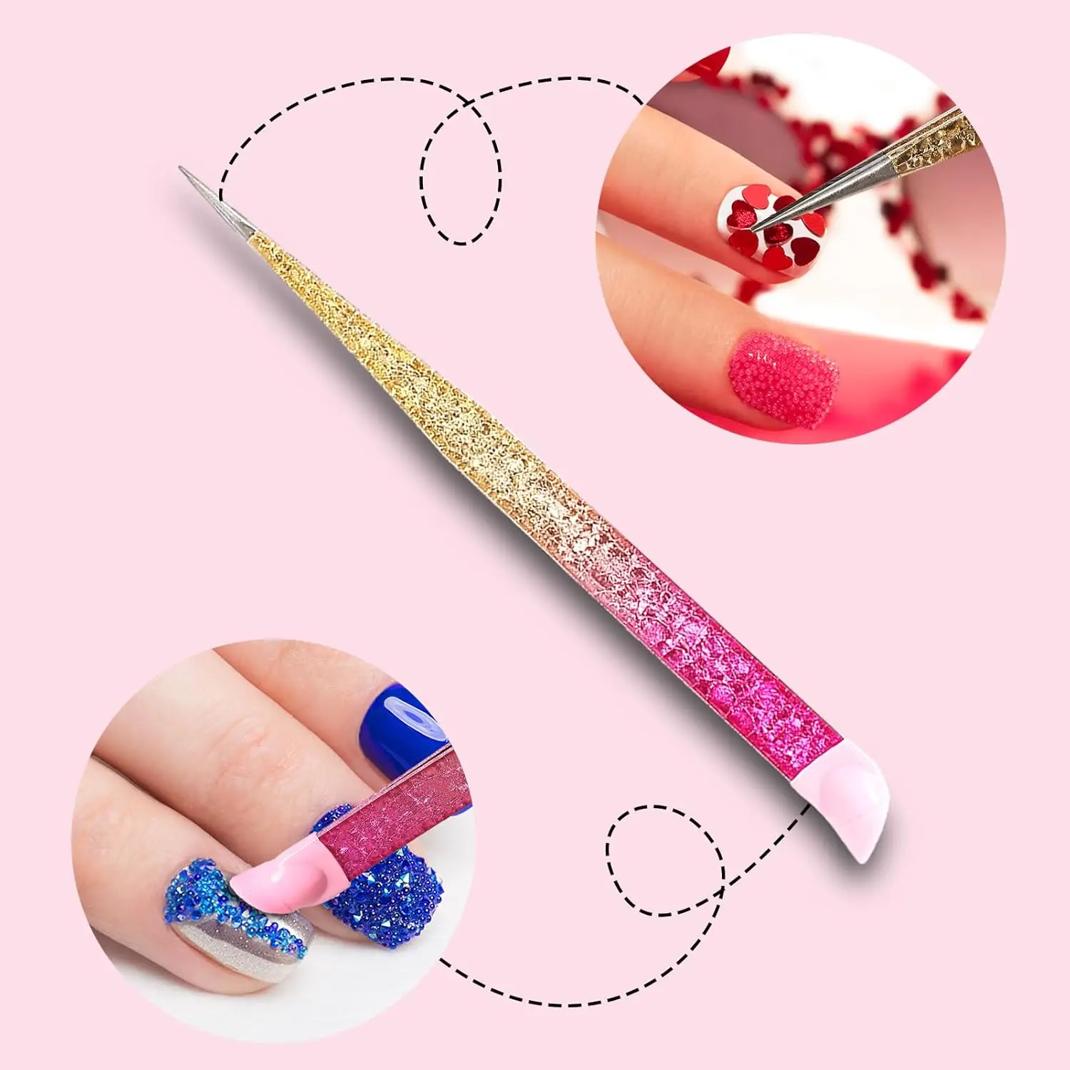 Pinzas para decoración de uñas de doble punta, pinzas de acero inoxidable con cabezal de presión de silicona para pegatinas de uñas, recogedor de gemas de joya de diamantes de imitación