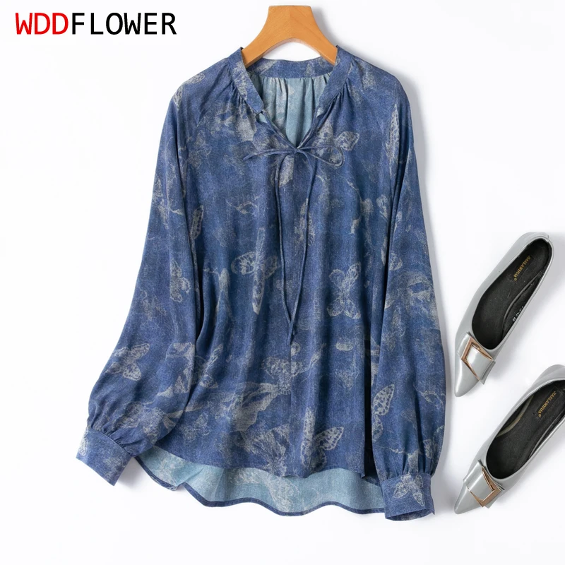 Damska jedwabna bluzka 100% krepa morwowa jedwabny Denim niebieski motyl V Neck pulowerowy top koszula Office Lady MM1208