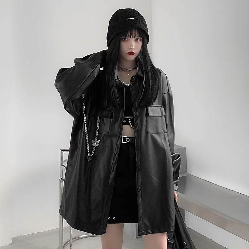 Japonês casual feminino solto jaqueta de couro moto outerwear coreano high street coat chic streetwear manga longa preto de couro topos