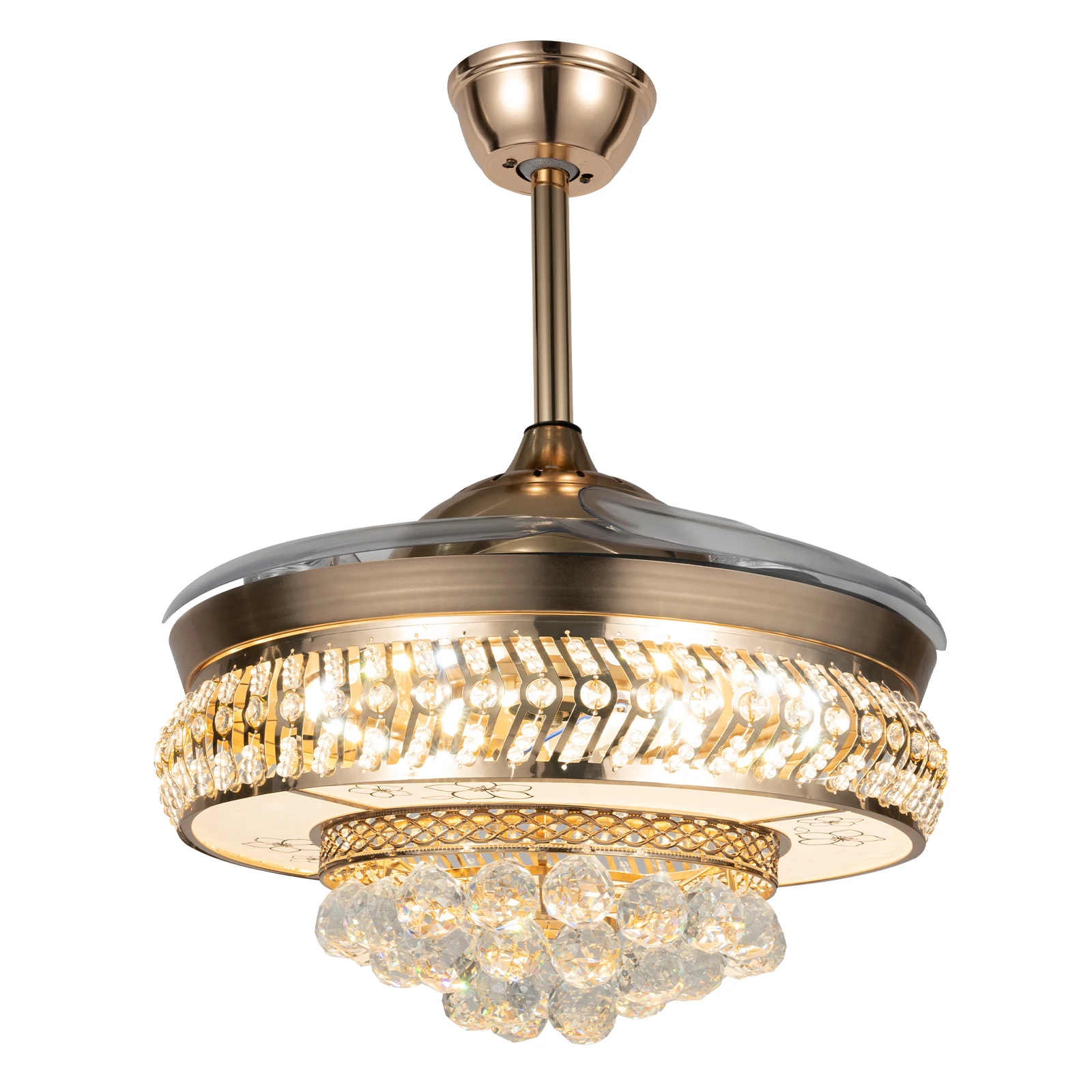 Ceiling Fans with LED Light, K9 Crystal Accents, Adjustable Speed & Timing, Retractable ABS Blades, Pure Copper Motor