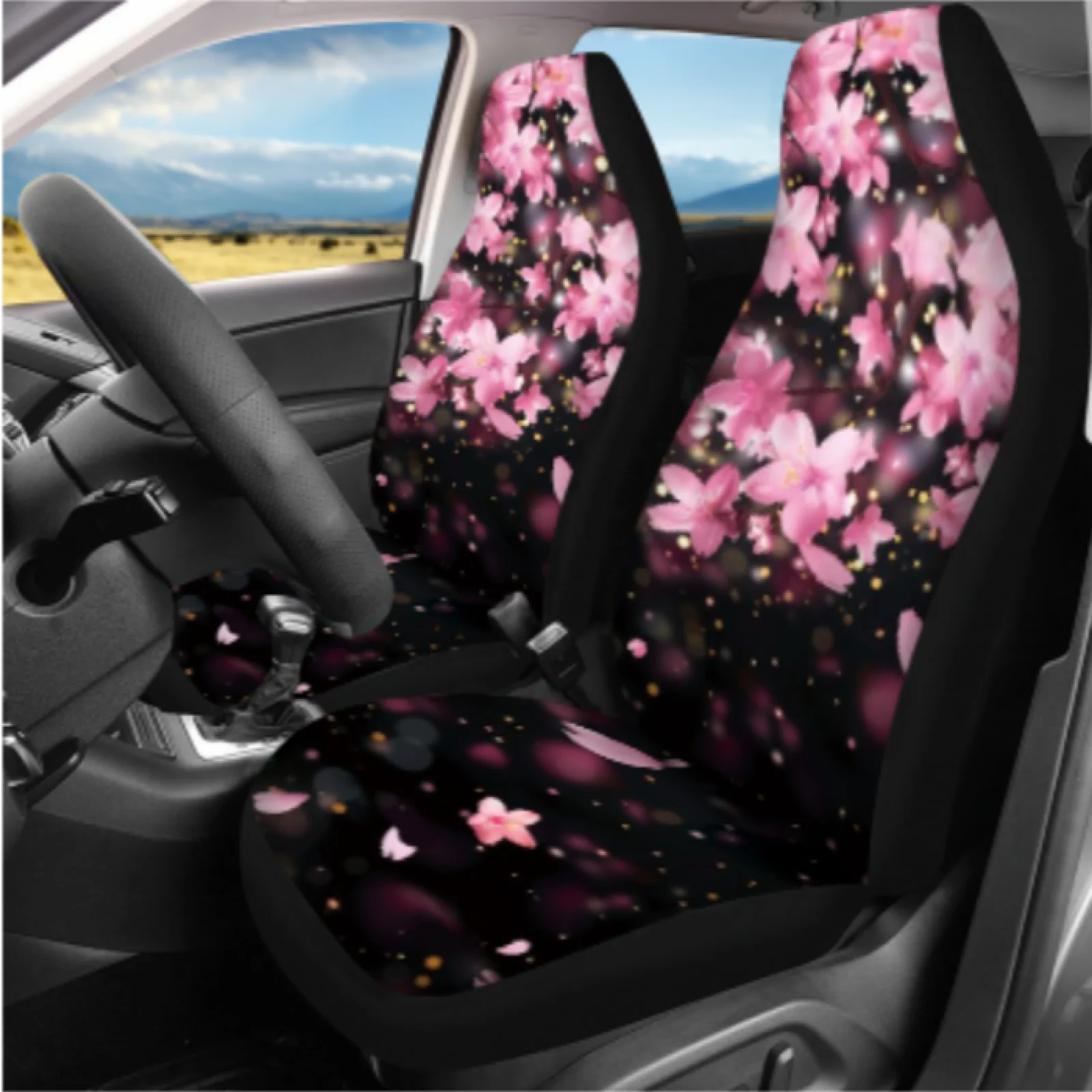 Coloranimal Cherry Petals Night 14 Pcs Car Seat Covers Set with Soft Car Armrest Box Pad and Key Fob for Auto Interior