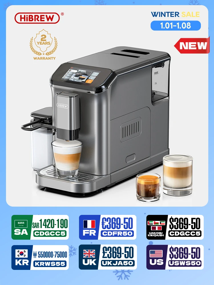 HiBREW Fully Automatic Espresso Machine Cappuccino Milk System 6 Coffee Varieties Intuitive Touch Display With Grinder H16