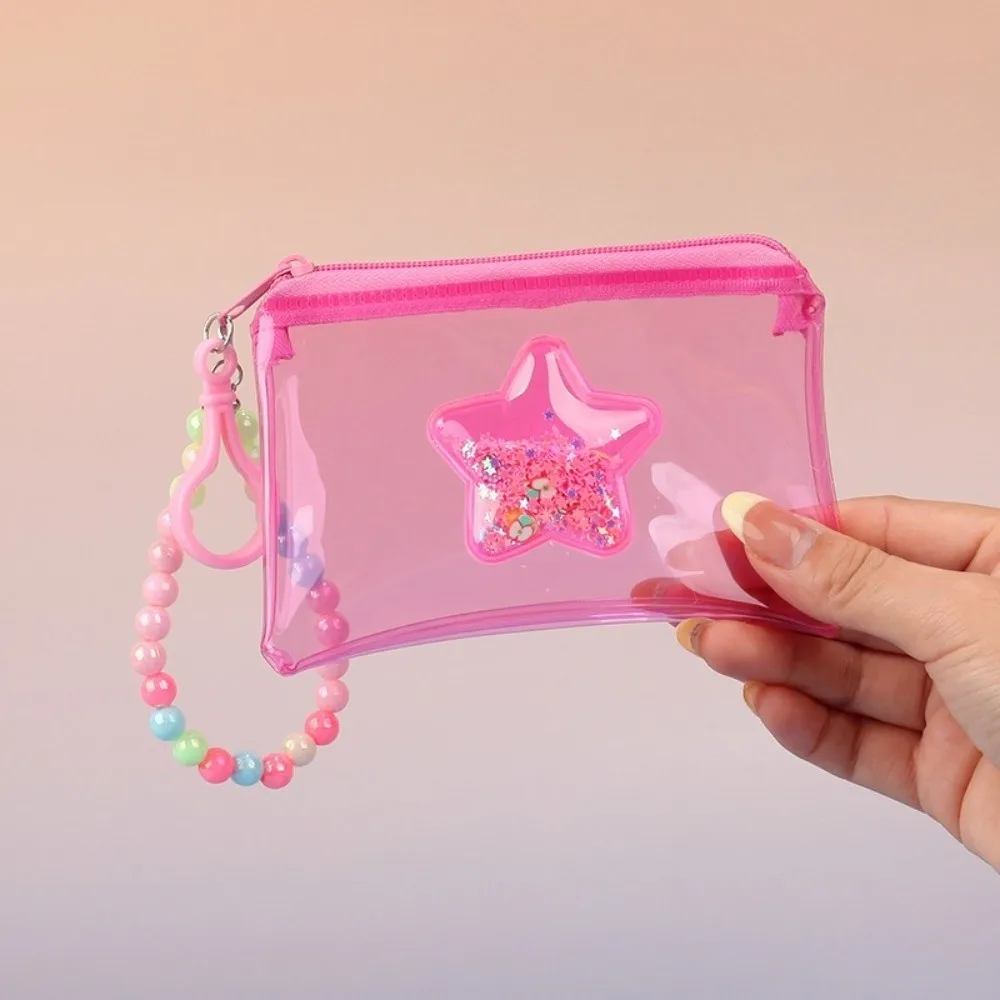 Cute Quicksand Coin Purse PVC Transparent Student Card Holder Colorful with Beaded Lanyard Small Wallet
