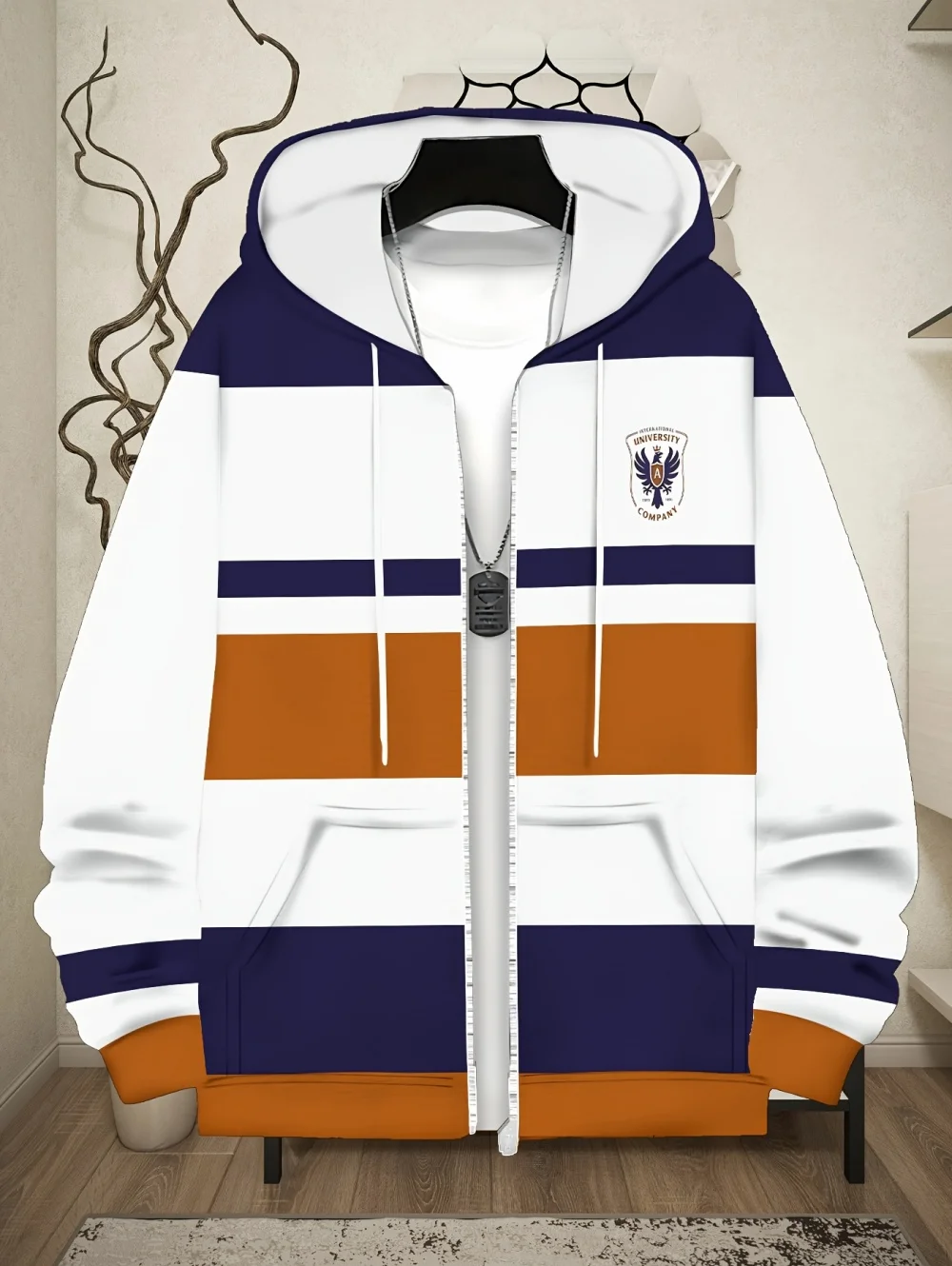 Mens Casual Striped Full Zip Hooded Sweatshirt Outdoor Wear Smooth Drawstring Hood Pockets Simple Striped Sports Man Clothing