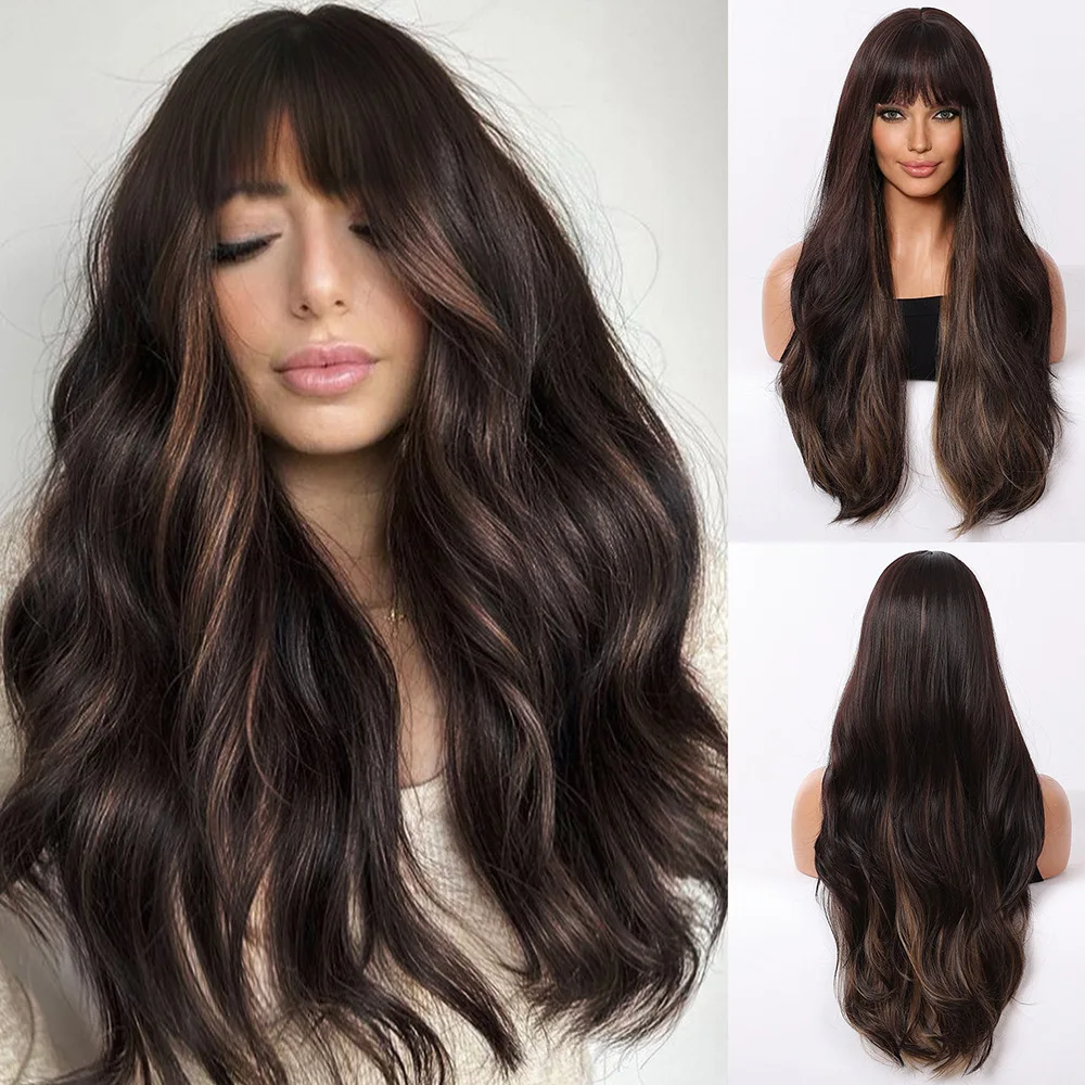 

Daily wig woman Qi bangs black pick brown long curly hair big waves high temperature silk whole wig headgear