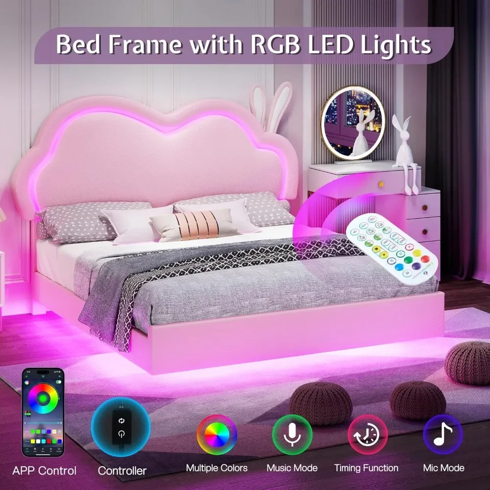 LED Twin Bed Frame for Girls Upholstered Floating Beds with Cute Cloud Headboard, No Box Spring Needed, Twin Size Bed Frame