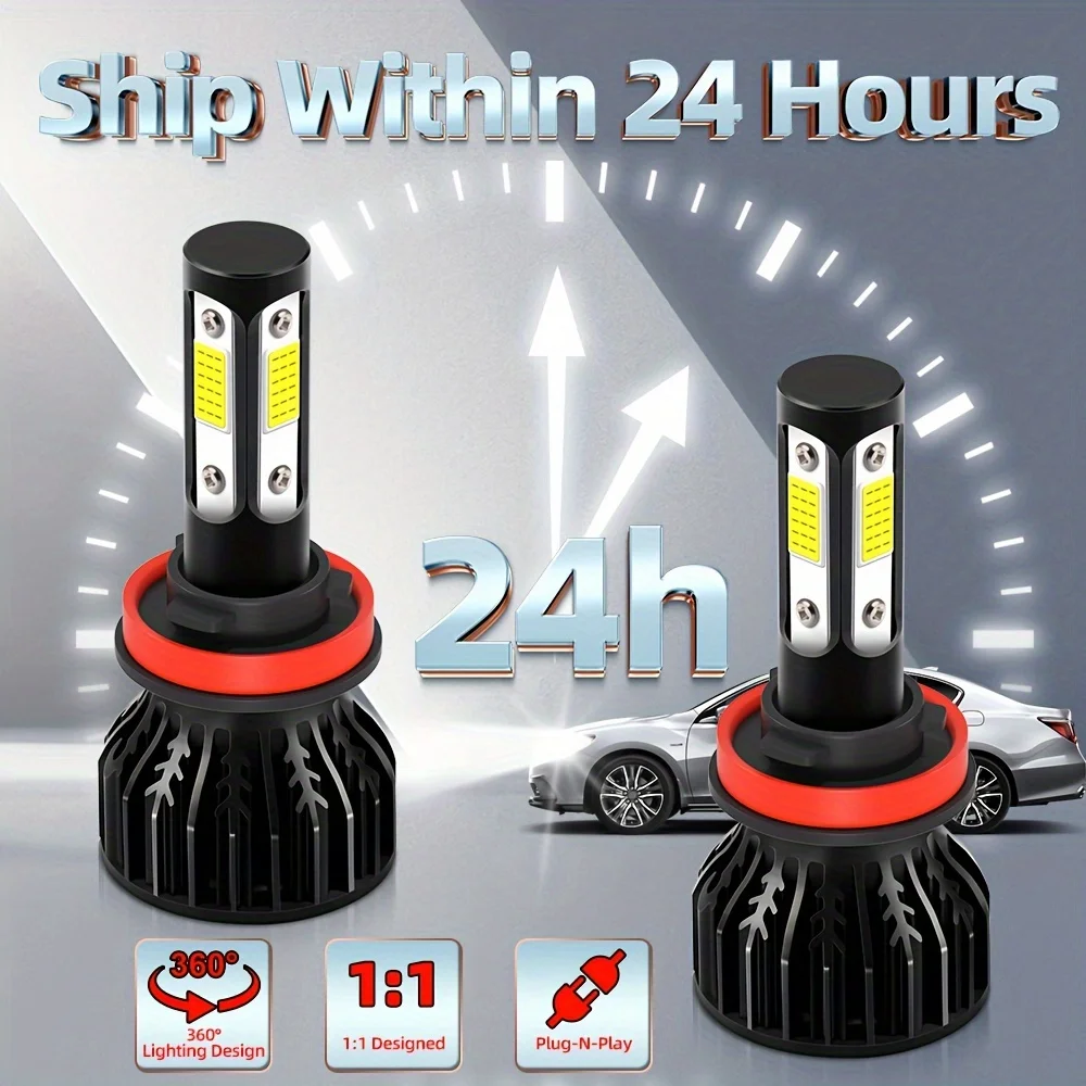 

roadsun 2pcs LED Bulb 9005/HB3 9006/HB4 9007 H4 H7 H11 H13 Bulbs 27000LM 180W 6000K White 4 Side COB Chips High Low Beam