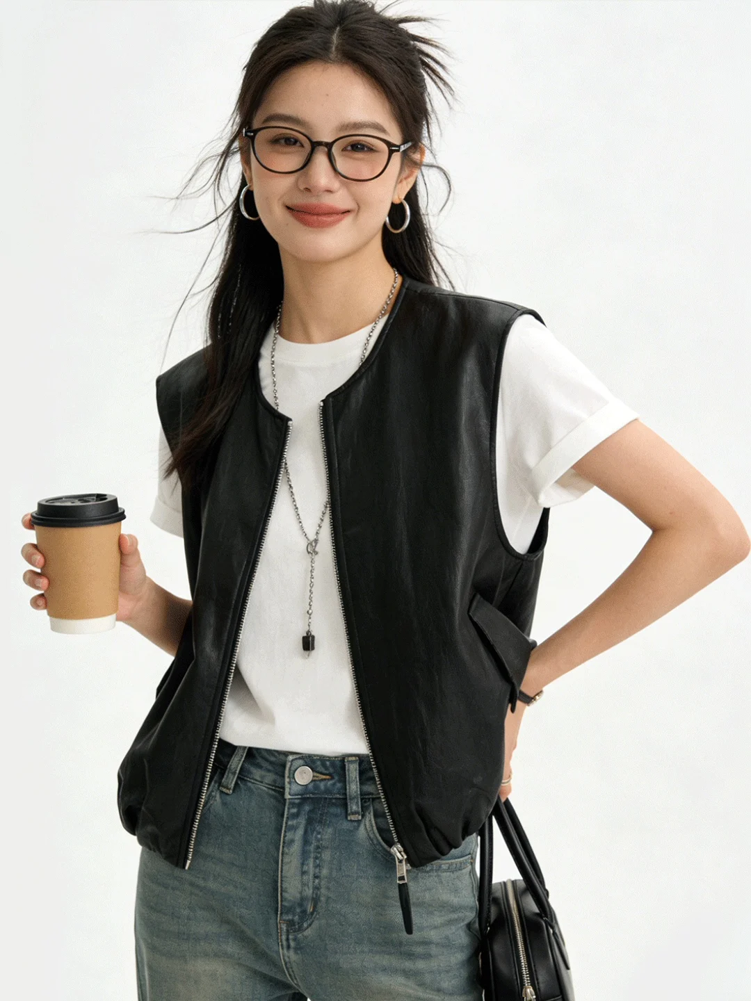 

Bla Korean Sle Simple Pure Color ort Leather Jaet Vest Spring Summer New Sle Layering Svel PU Coat Top