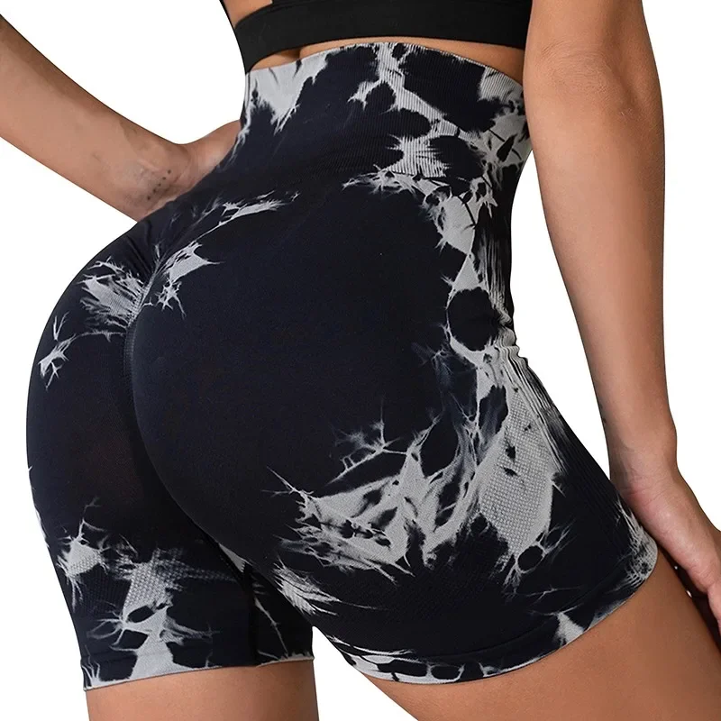 Seamless Tie Dye Bleach Butt Lift Sport Shorts for Women High Waist Summer Yoga Fitness Workout Cycling Biker Gym Shorts Mujer