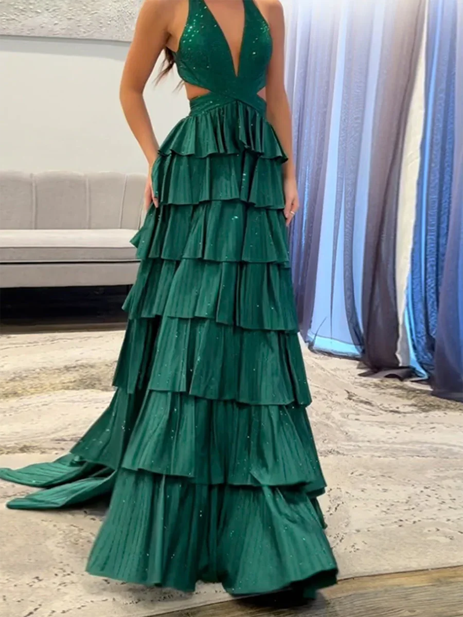 

Classic Sexy Halter Sleeveless Beading Tiered A-Line Formal Evening Dresses Birthday Party Prom Gowns Customized