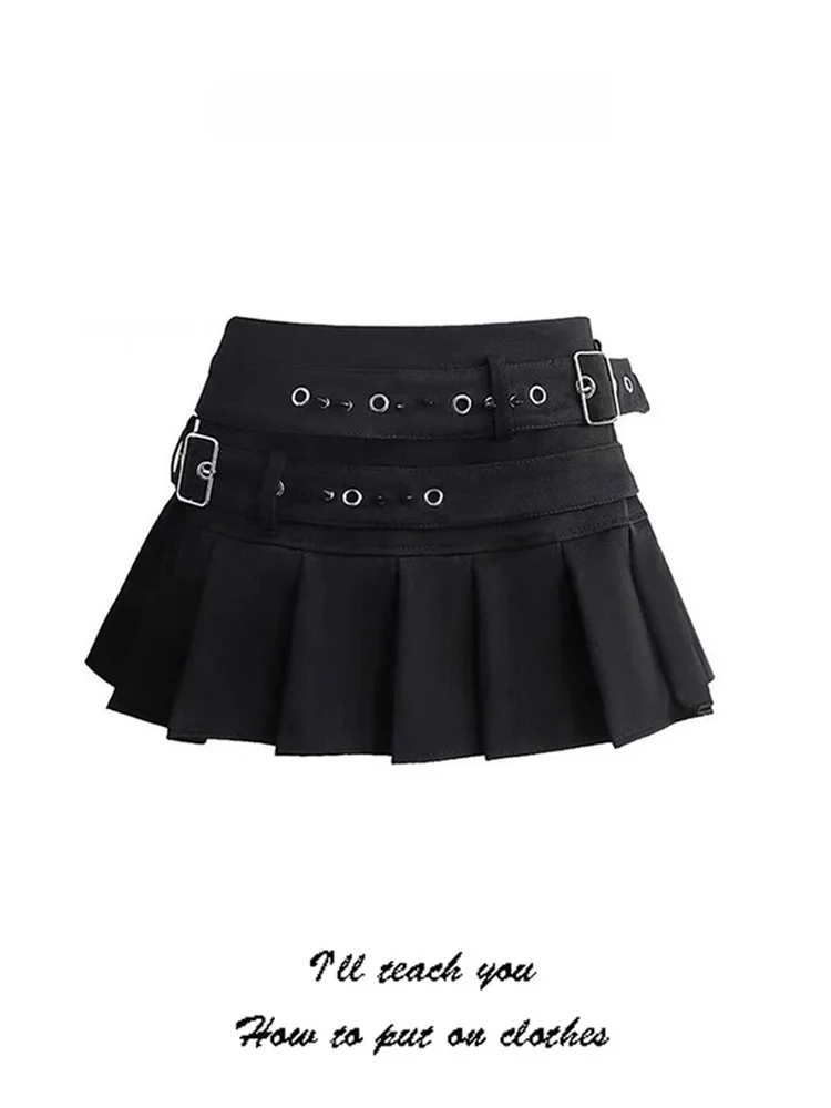 Korean Style Retro Black Rivet Heavy Work  Skirt Women's Spring Autumn Y2K Spicy Girl Pleated Skirt Anti-Light Half Body ...