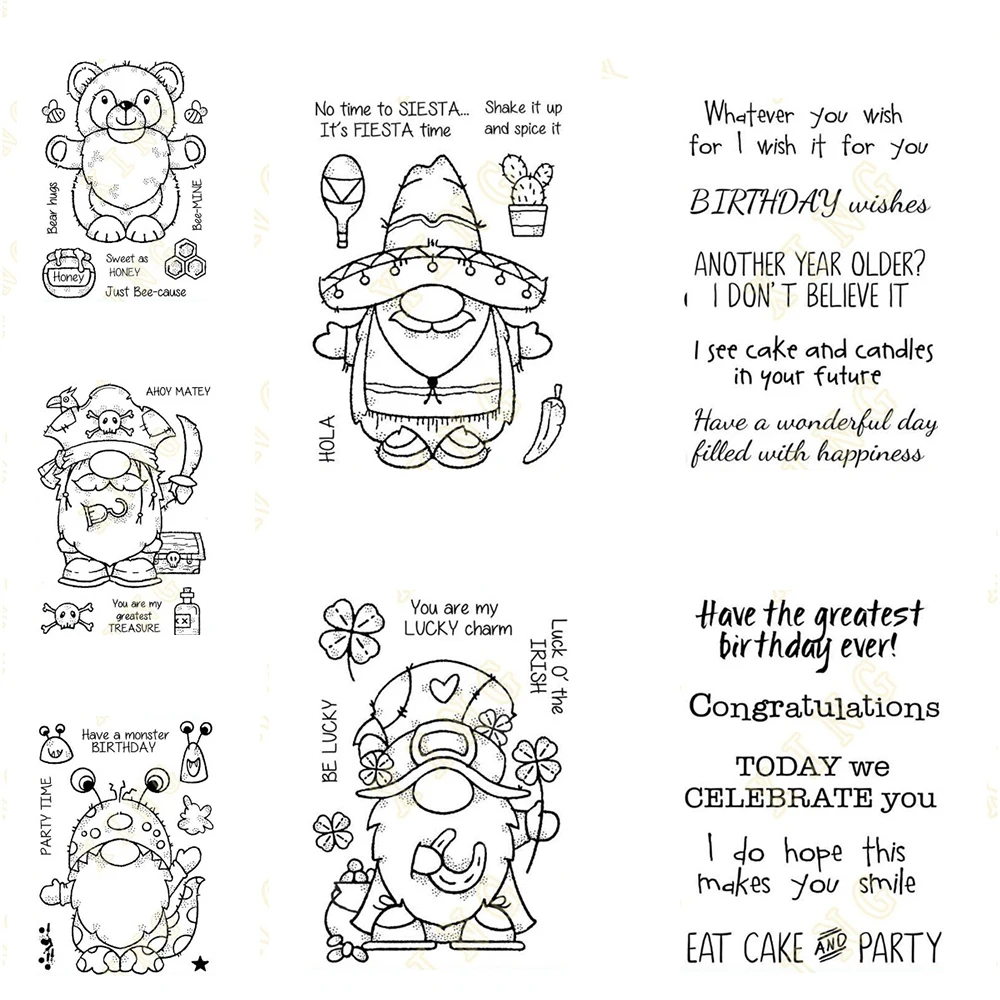 Honey Bear Gnome Extra Birthdays Metal Cutting Dies and Silicone Stamps for Scrapbooking Album Decoration Craft for DIY Greeting