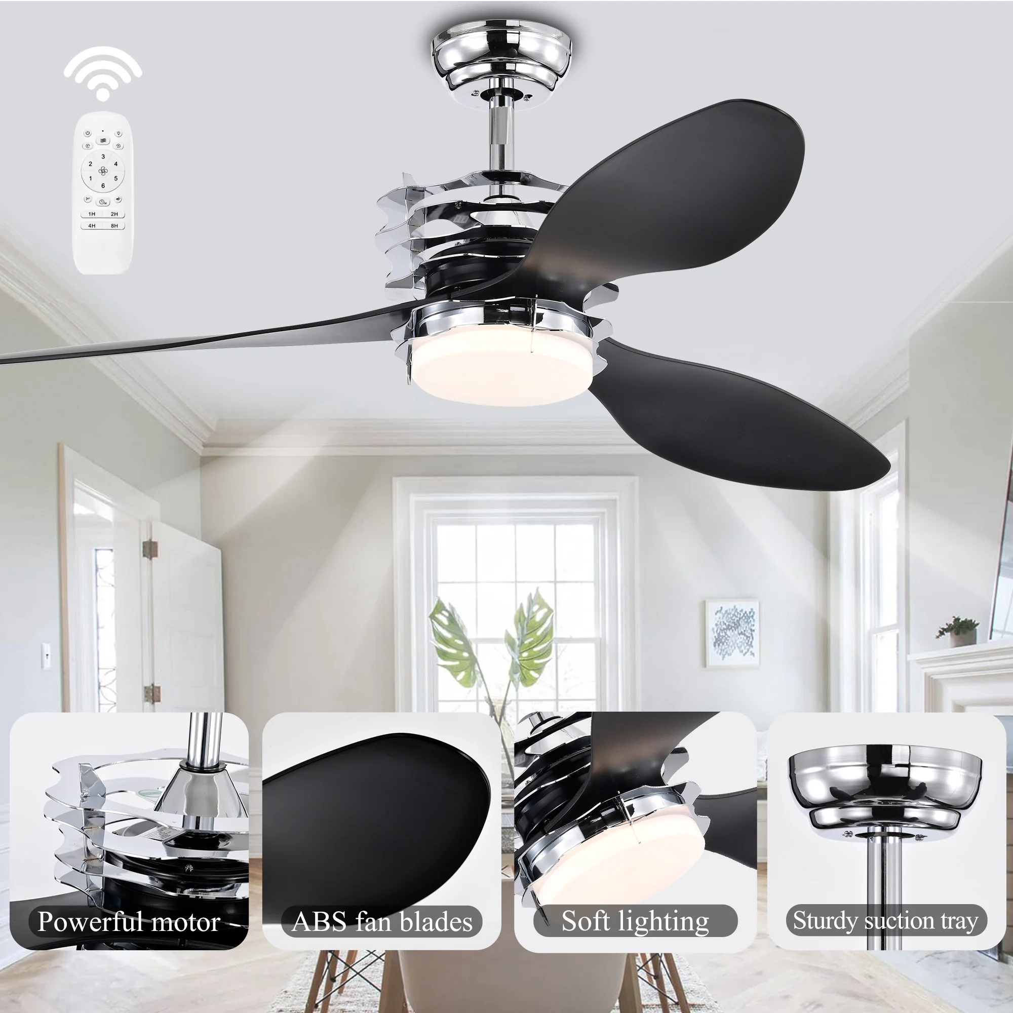 52'' ABS Blades Ceiling Fan with Lights and Remote (6 Speeds Adjustable) Indoor Ceiling Fan with Light for Home Use