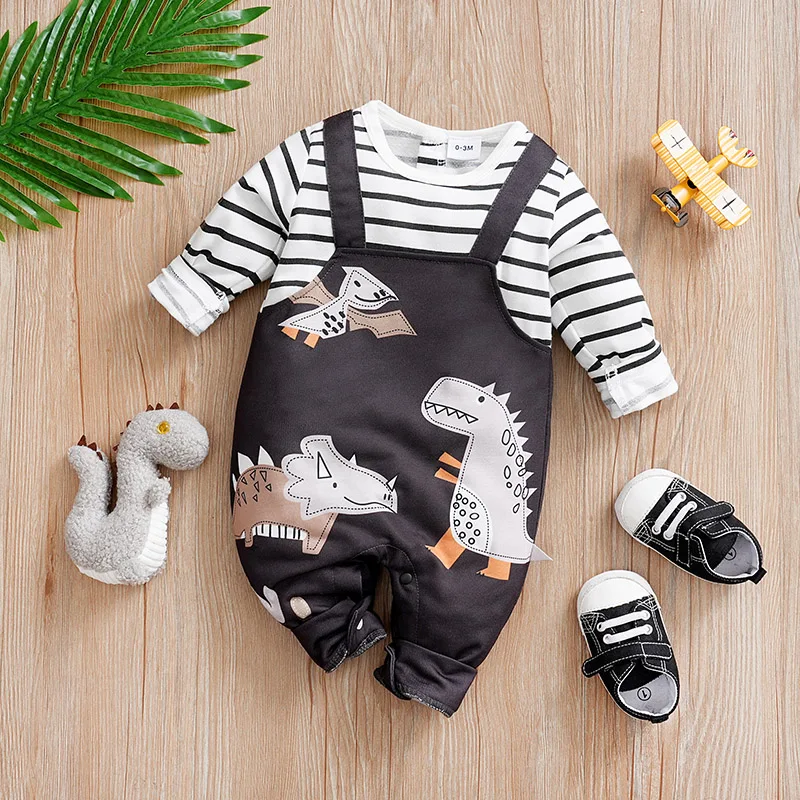 Spring And Autumn Boys And Girls Cute Cartoon Dinosaur Print False Strap Long Sleeve Baby Bodysuit