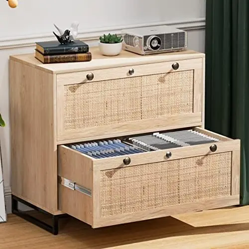 Wood Rattan 2 Drawer Lateral File Cabinet with Lock for Home Office, Lockable Filing Cabinet with Rustic Metal Handles