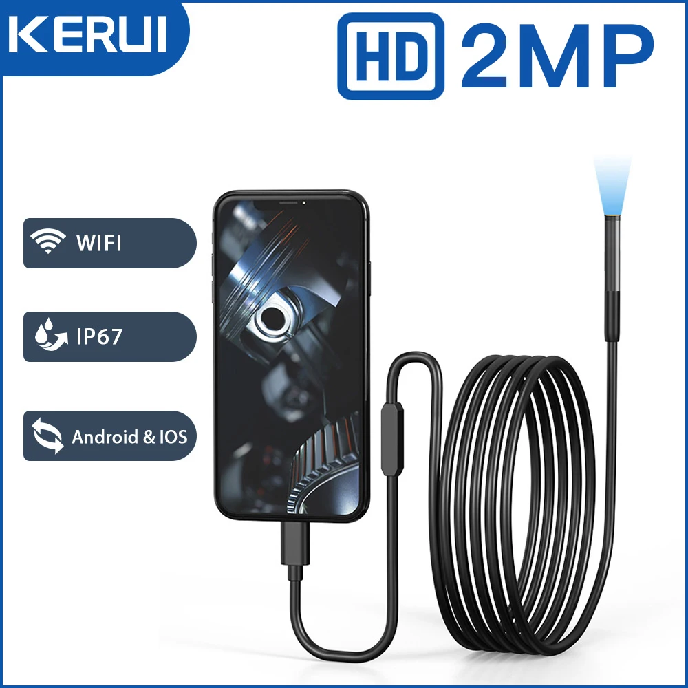 KERUI 2MP podwójna/pojedyncza kamera endoskopowa WiFi 7.9mm Mini kamera wodoodporny twardy drut boroskop inspekcyjny rurociągu dla typu C IOS