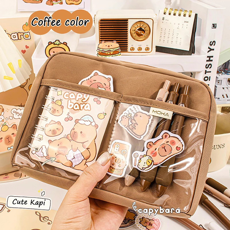 Imagem -05 - Grande Capacidade Capivara Kawaii Multi Layered Separado Papelaria Bolsa Lápis Case Bolsa Cosmético Escola e Material de Escritório