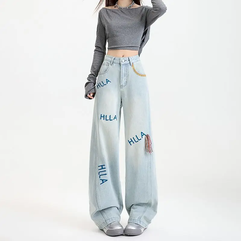 Women's Personality Embroidery and Wave Blades Design High Waist Flare Jeans, Comfy and Stylish Denim Pants for Any Occasion