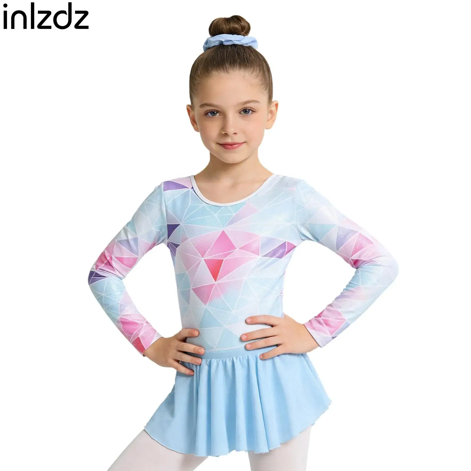 女の子用バレエダンスパフォーマンスセット-メタリック長袖レオタード-プリント体操ボディスーツ-スパンコール付きスカートとヘアバンド付き