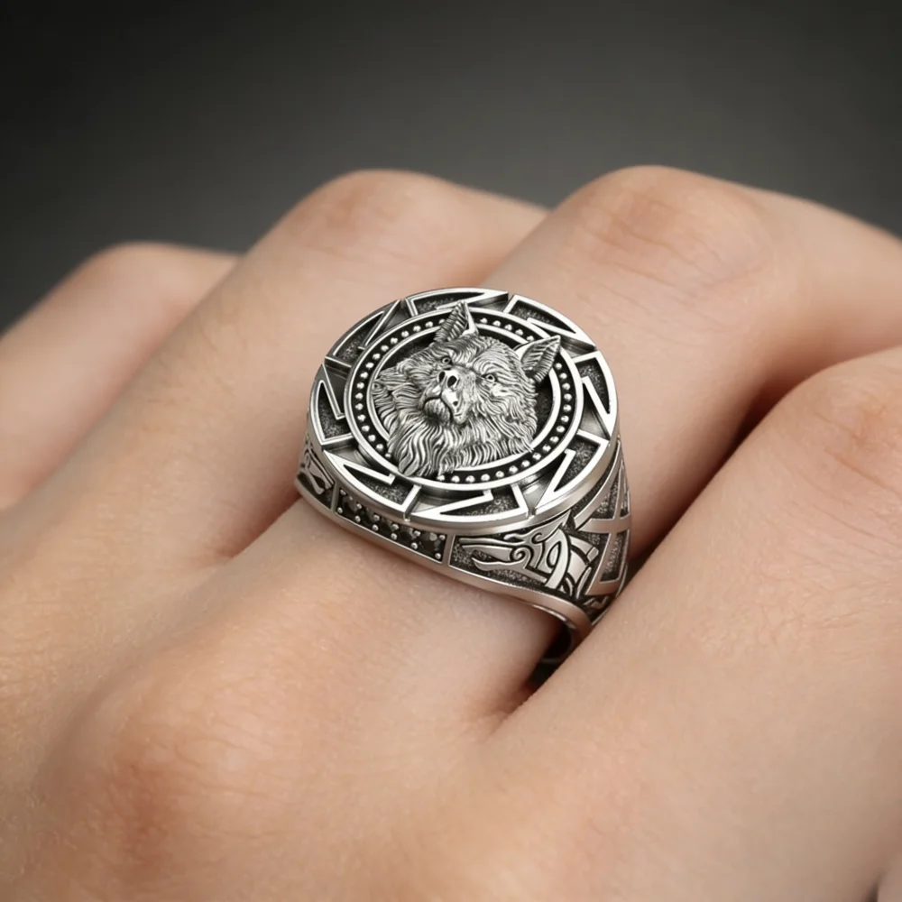 Men's 925 Sterling Silver Retro Wolf Totem Ring, Warrior Design