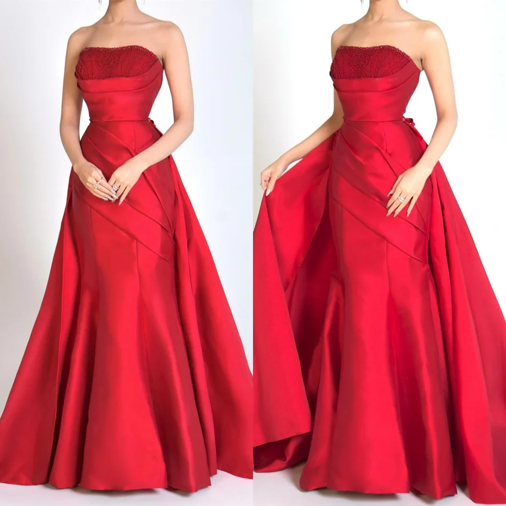 

Customized Mermaid Classic Red Satin Evening Dresses Fashion Strapless Sleeveless Homecoming Dresses Exquisite Party Gowns