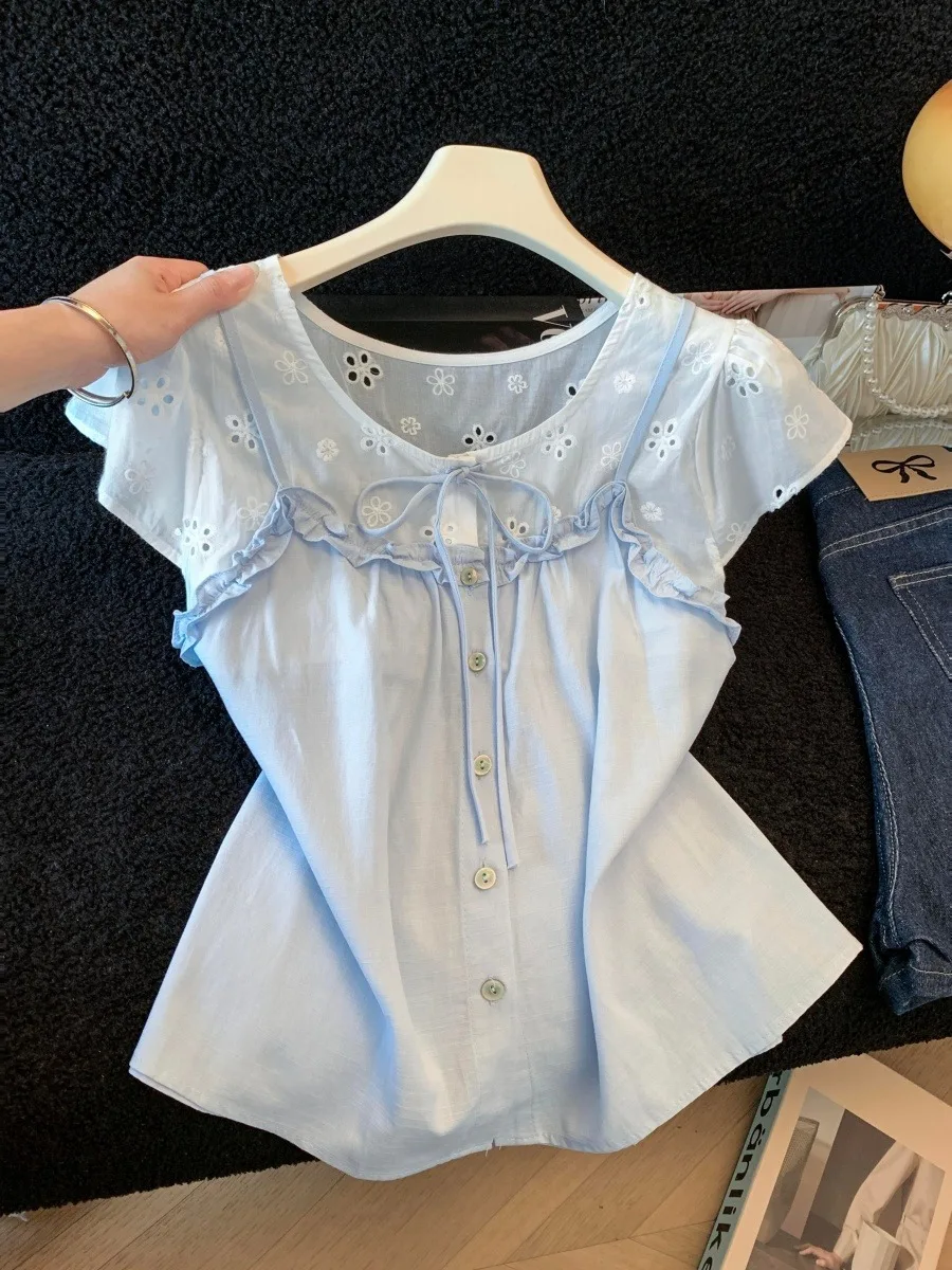 

Sweet Youthful Embroidered Hollow out Short Sleeve Shirt Women's Summer Fashion Korean Style Puff Sleeve Top City Walk