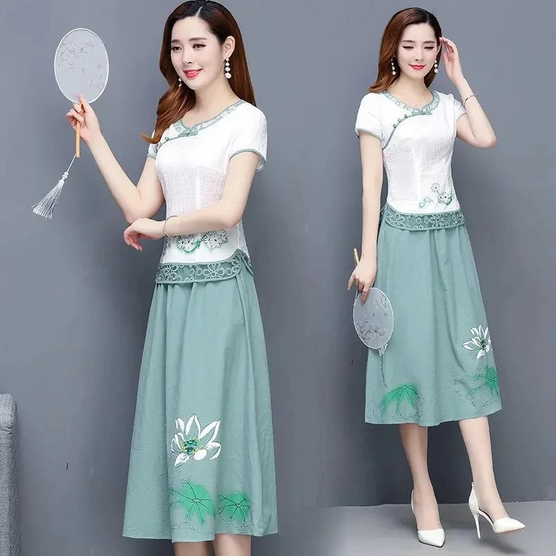 Single/Suit Plus Size 5XL Women's Sets 2023 Fat MM Chinese Style Momther Hanfu Improved Cheongsam Elegant White Top Skirt Suits