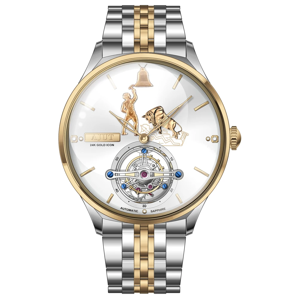 Ajut automático tourbillon relógios mecânicos para homem superfície com padrão solar 24k ouro auto vento voando turbilhão homem relógio 0375