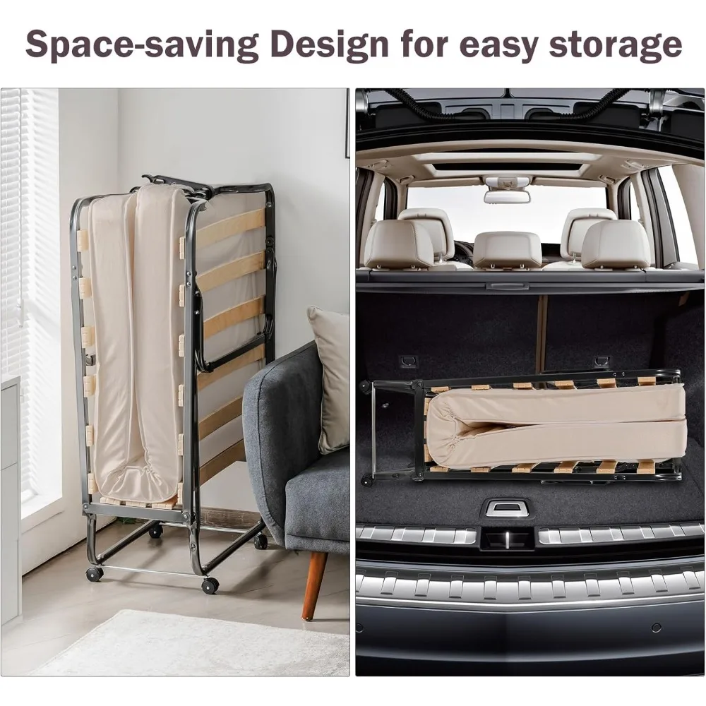 سرير قابل للطي مع مرتبة إسفنجية الذاكرة، سرير ضيوف صغير الحجم بإطار معدني قوي، 4 عجلات، أغطية، سرير قابل للطي، Por #5