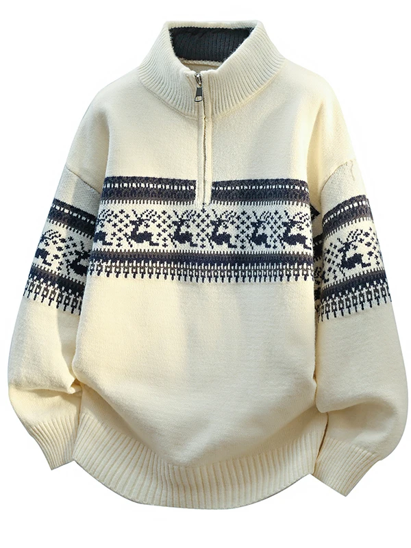 

Retro Knitted Zipper Sweater Men's Autumn Winter New Sle Color Blo Knit Base irt Overhead Geometric Patterned Pullover