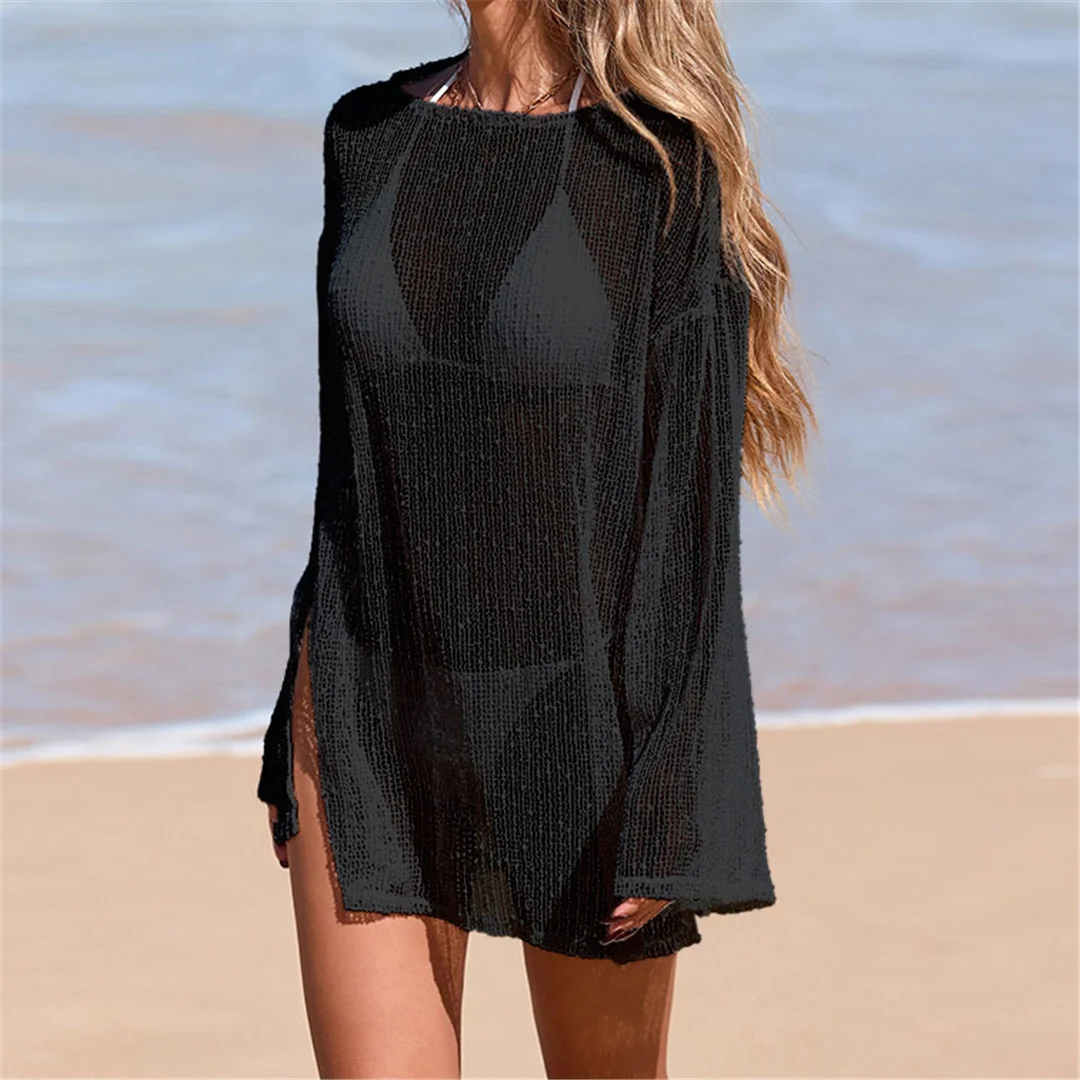 Langarm-Strandkleidung für Damen, ausgestelltes, einfarbiges, gehäkeltes, gestricktes Tunika-Strandkleid, Strand-Cover-up, Strandkleid, Strandmode für Damen V7577 – Detail 17