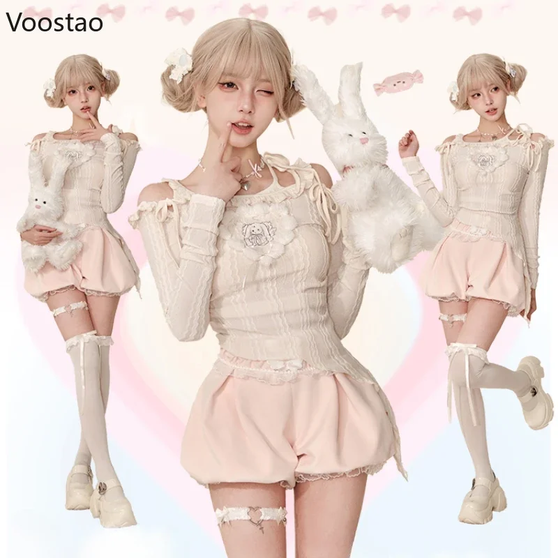 Japanese Kawaii Lolita Style Slim 2 Piece Set Women Sweet Long Sleeve Blouse Tops Y2k Cute Shorts Female Korean Fashion Suits