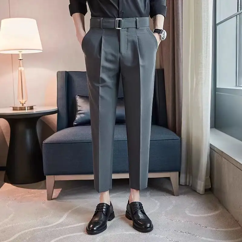 Business Slim Fit Man 9 Cropped Suits Pants High Quality Stylish Clothes Offer Elegant Thin Casual Classic Suit Trousers for Men