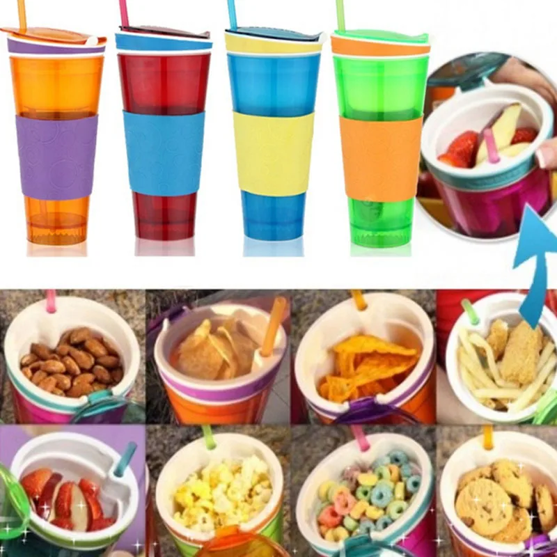 Travel Snack Water Bottle Drink In One Container Lid Straw Kids Snack Bottle Separated Ine with A Straw Dropshipping