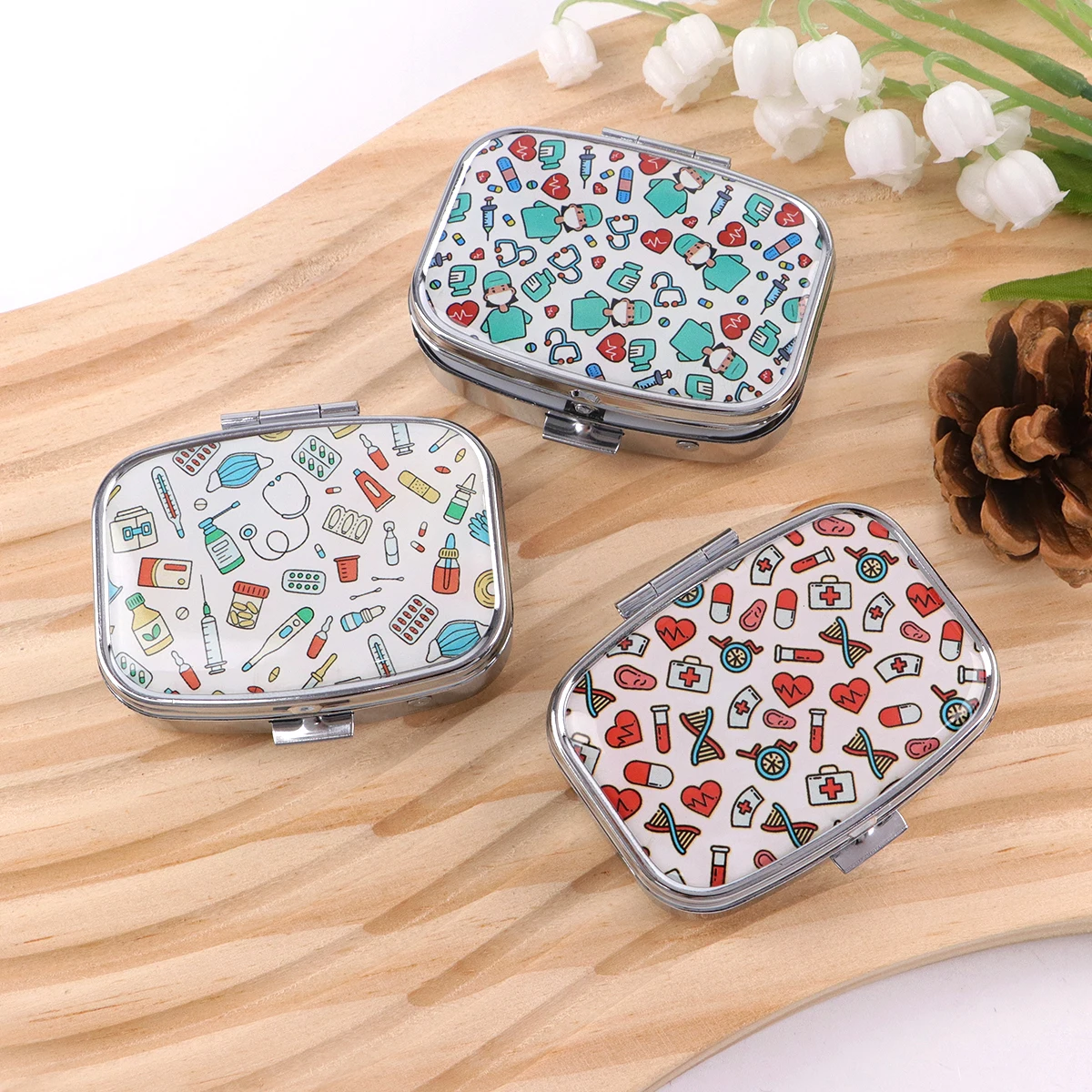 Autistic Doctor 2 Compartments Metal Medicine Box Portable Travel Decorated  Sealed Small Pill Organizer Container Storage