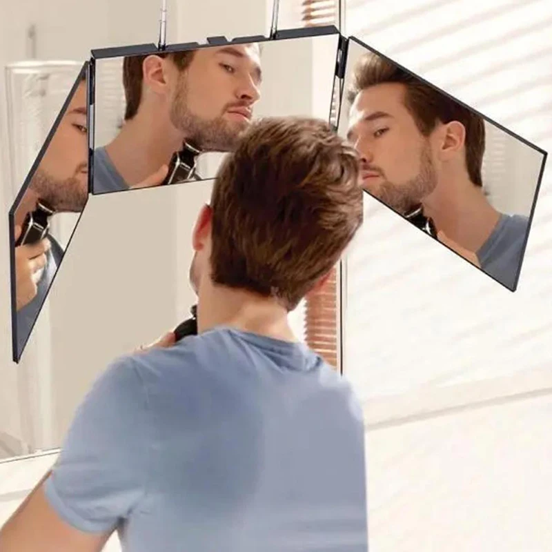 กระจกแต่งหน้าพกพาแบบพับได้ 360 องศา พร้อมตะขอปรับระดับความสูงได้สำหรับตัดผมด้วยตัวเอง