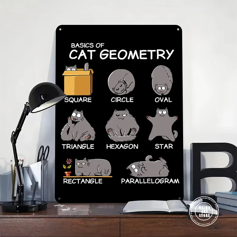Basics of Cat Geometry Funny Art Poster Customized Vintage Metal Signs Wall Art Retro Tin Plaque for Bathroom Decor House Home