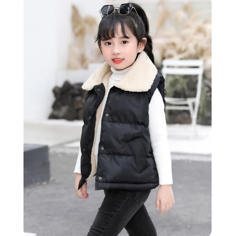Autumn Winter Girls Boys Vest Solid Color Lining Plush Thick Keep Warm Lapel Waistcoat For 2-10Y Teen Kids Cotton Outerwear
