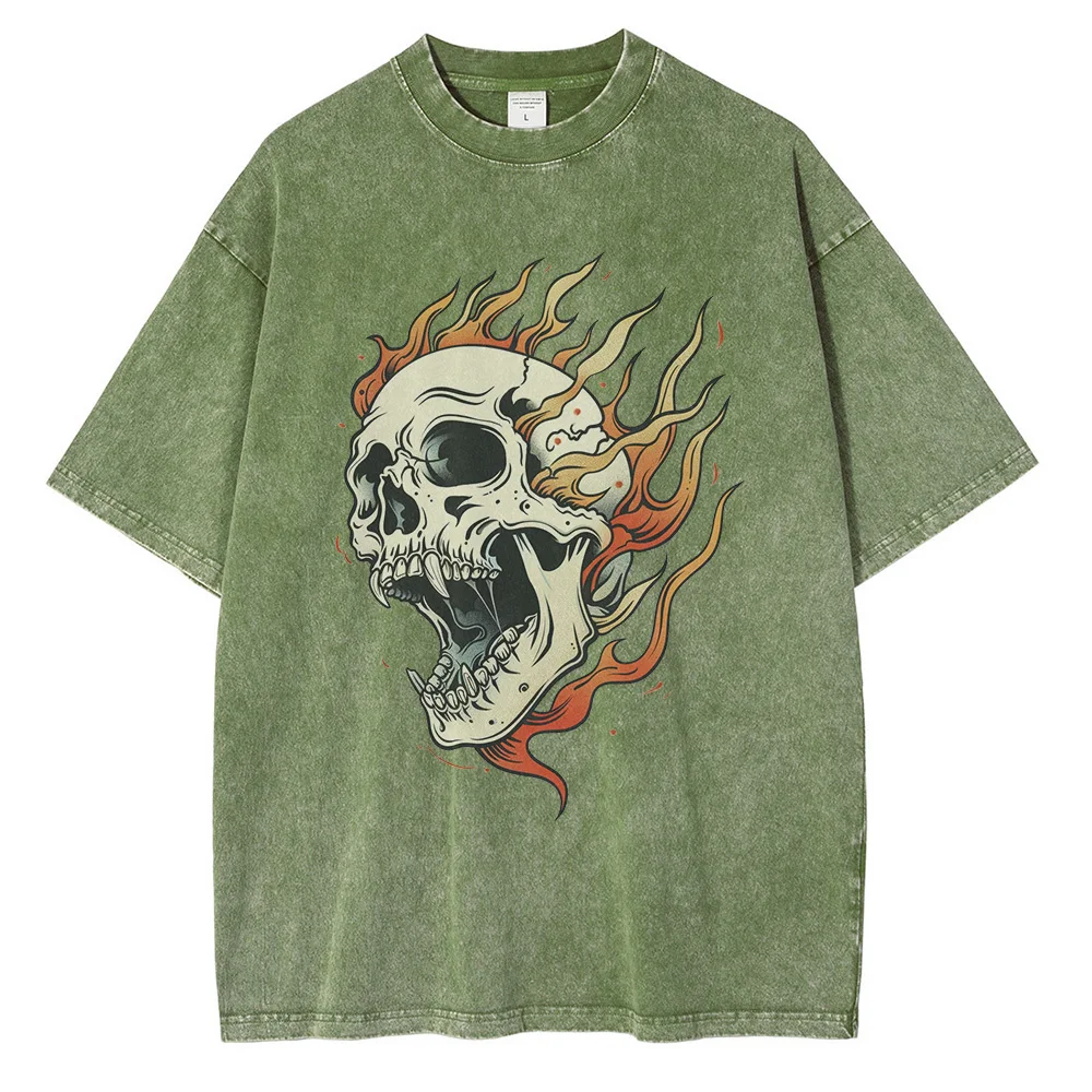 Flame Skull Graphic T Shirts Heavyweight Pure Cotton Distressed Washed T Shirt Drop Shoulder Retro Oversized Men's Tops