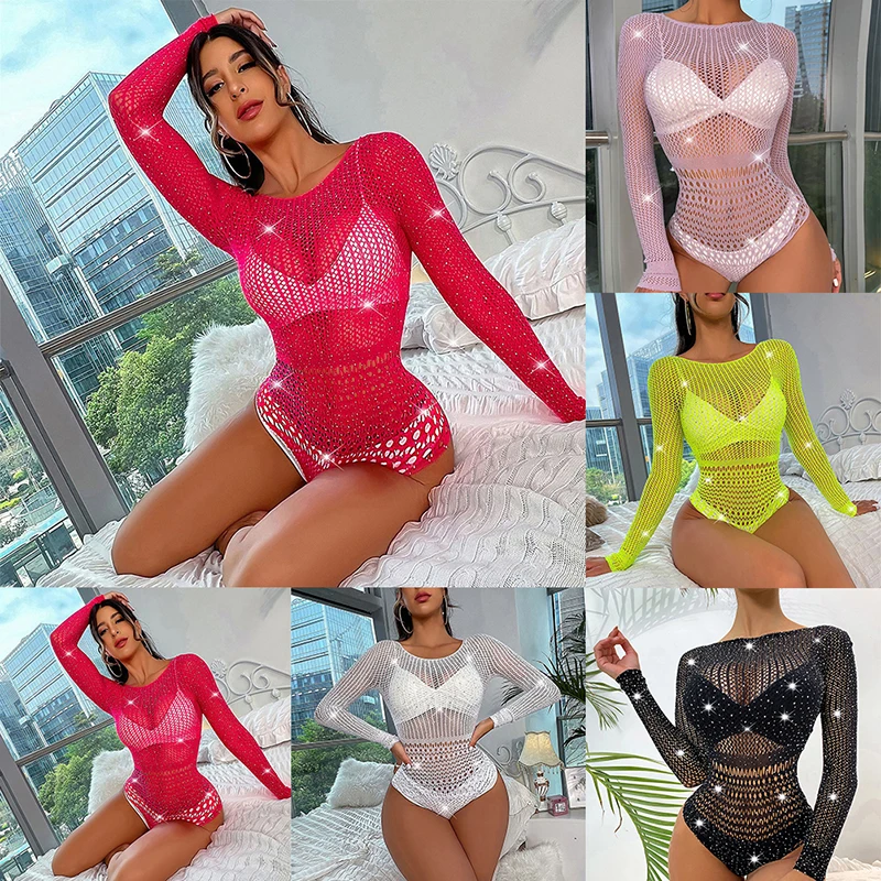 Sexy Women Bodysuit Rhinestone Backless Fishnet Jumpsuit Woman Body Suits Syllable Club Wear Rave Outfit Festival Clothing